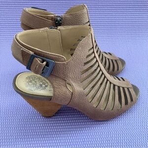 VINCE CAMUTO Eliana Cutout Leather Cone Heel Booties Sandal Shoe Women 7.5 Tan